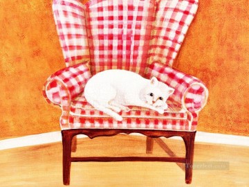 Katze Werke - weiße Katze im Stuhl